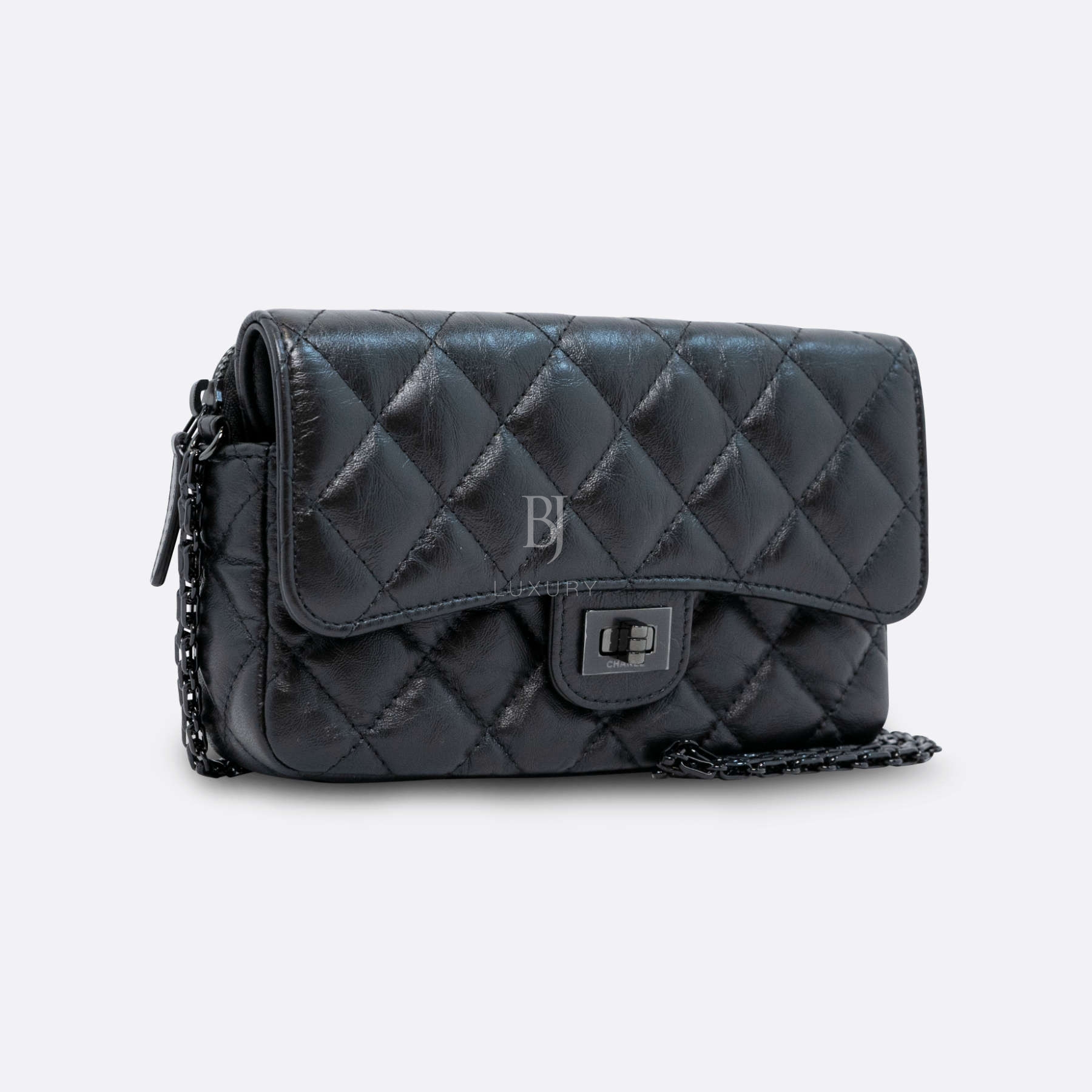 CHANEL FLAP PHONE HOLDER WITH CHAIN MINI BLACK AGED CALFSKIN