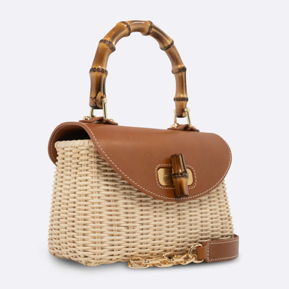 BJL PASSION WICKER BAG SMALL BROWN RATTAN, CALFSKIN