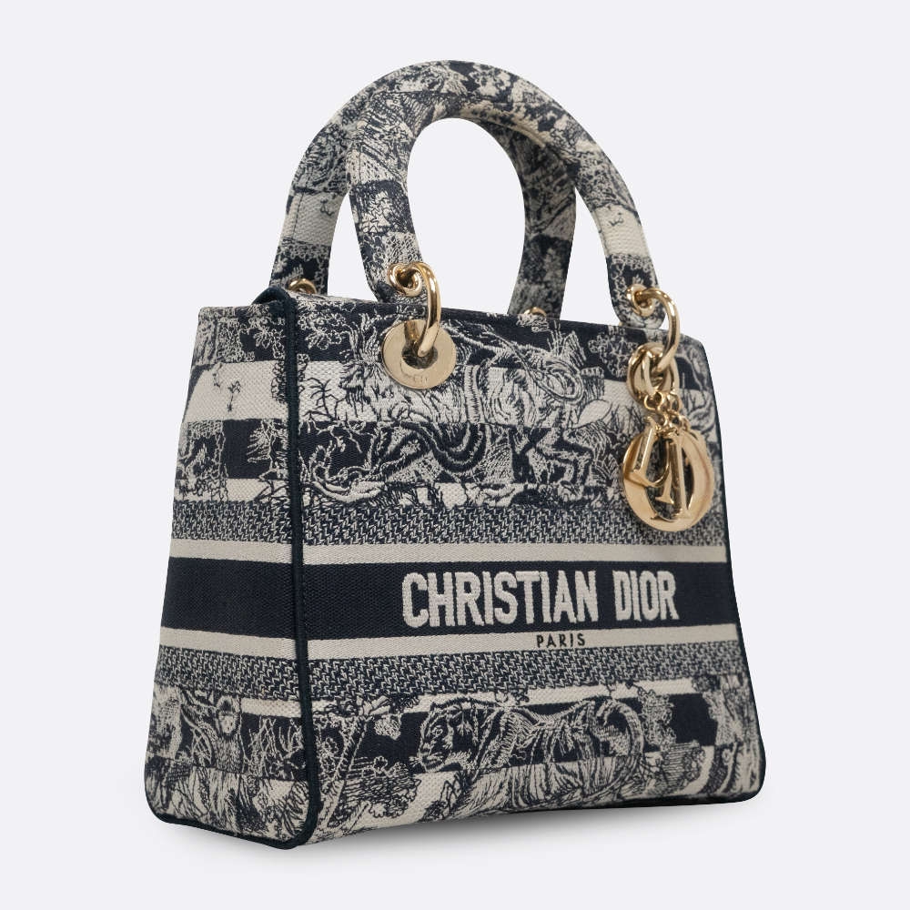 CHRISTIAN DIOR LADY D-LITE BAG MEDIUM NAVY BLUE TOILE, EMBROIDERY