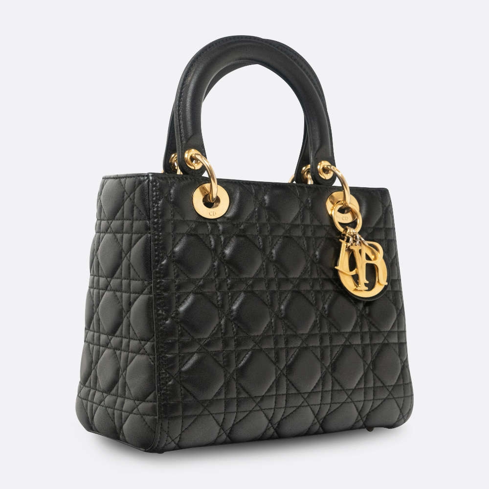 CHRISTIAN DIOR LADY DIOR MEDIUM BLACK LAMBSKIN