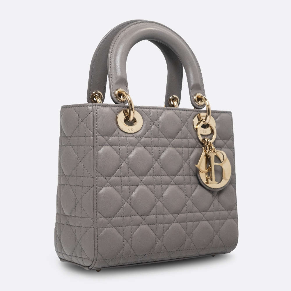 CHRISTIAN DIOR LADY DIOR SMALL GREY LAMBSKIN