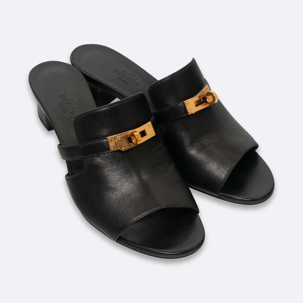 HERMES CANDY SANDALS EU 38 BLACK GOATSKIN